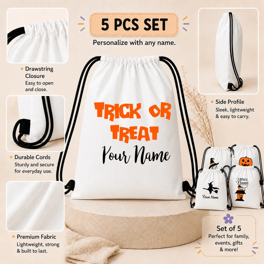 Polyester Personalized Halloween Drawstring Bags Set of 5 Custom Name Candy Sack Witch Haunted House Pumpkin Kids Gift Bags