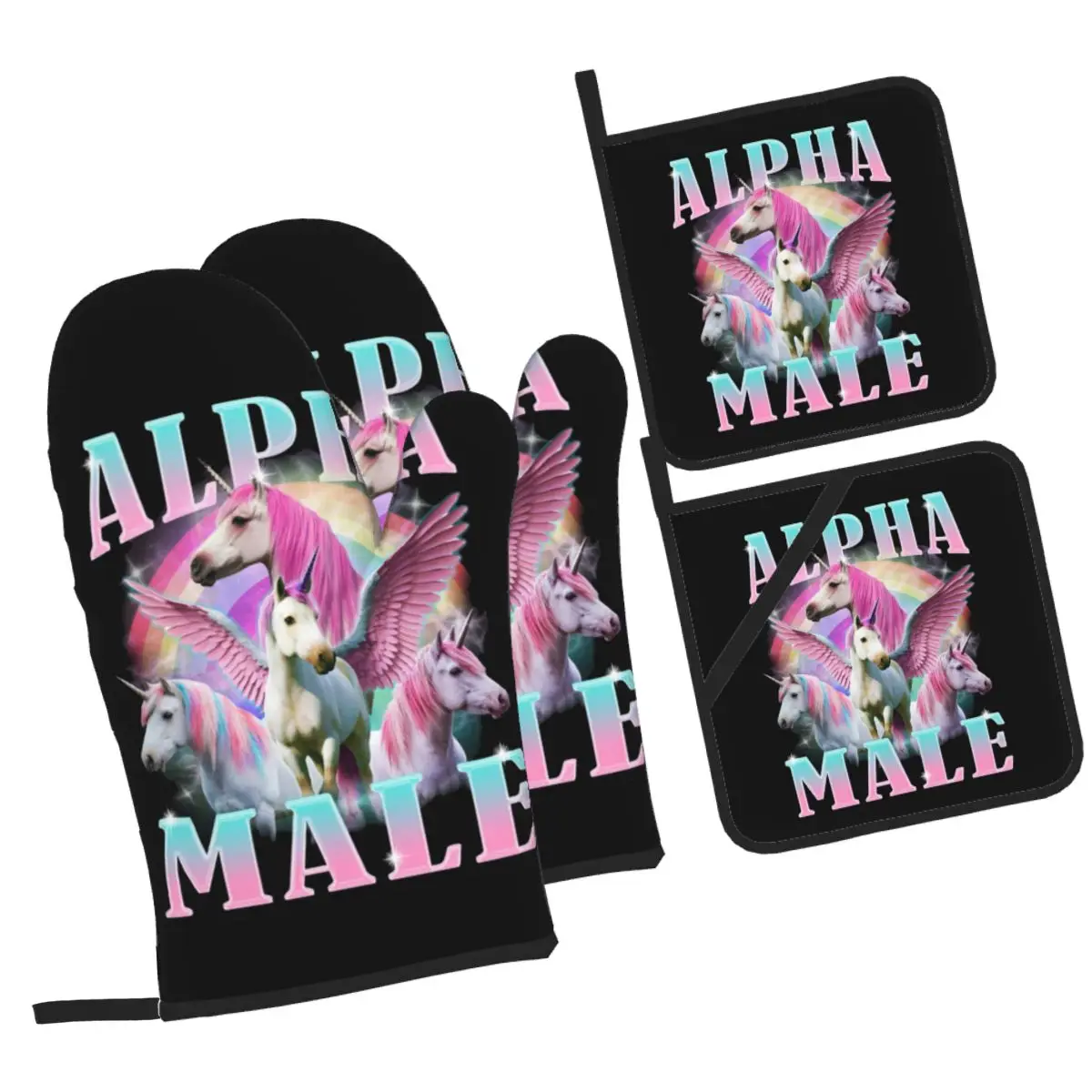 Alpha Male Unicorn Meme Oven Mitts and Pot Holder Sets of 4 for Baking Kitchen Cooking BBQ Resistant Non-Slip Gloves