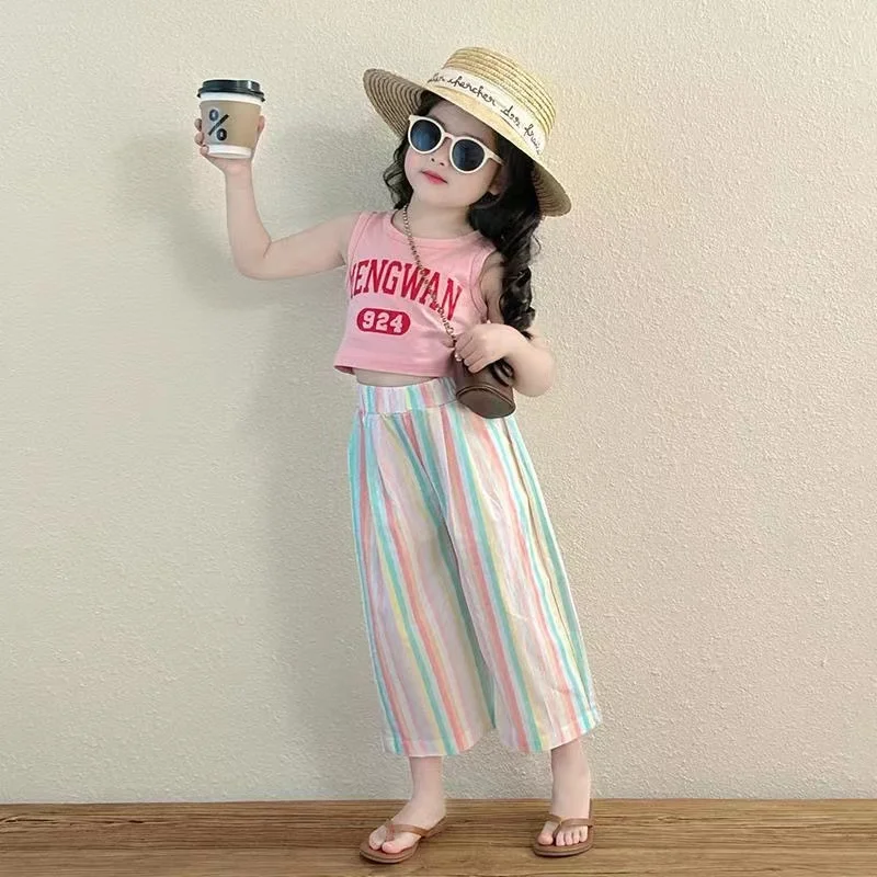 

Girls' Summer Set New Internet Red Fashionable Tank Top Open Navel Children's Stripe Wide Leg Pants Thin Girls Two Piece Set