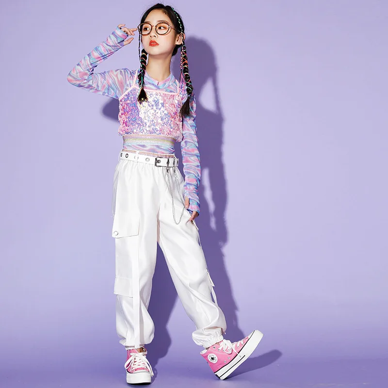 Girls Pink Crop Top Sequin Camisole Hip Hop Sweatshirt Jogger Clothes Sets Kids Street Dance Pants Wear Child Stage Costumes