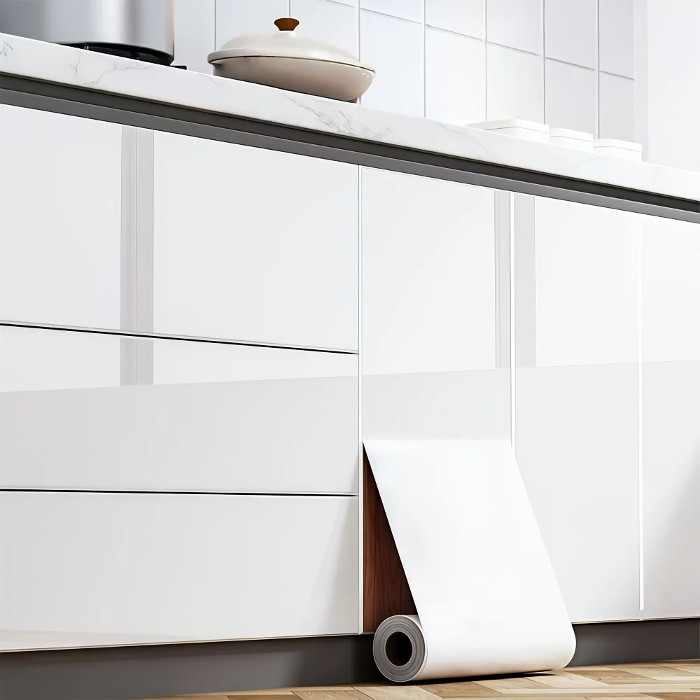 High Gloss Solid White Removable Vinyl Wallpaper Grid Backing Oilproof Sticker for Cabinet Door Countertop Renovation