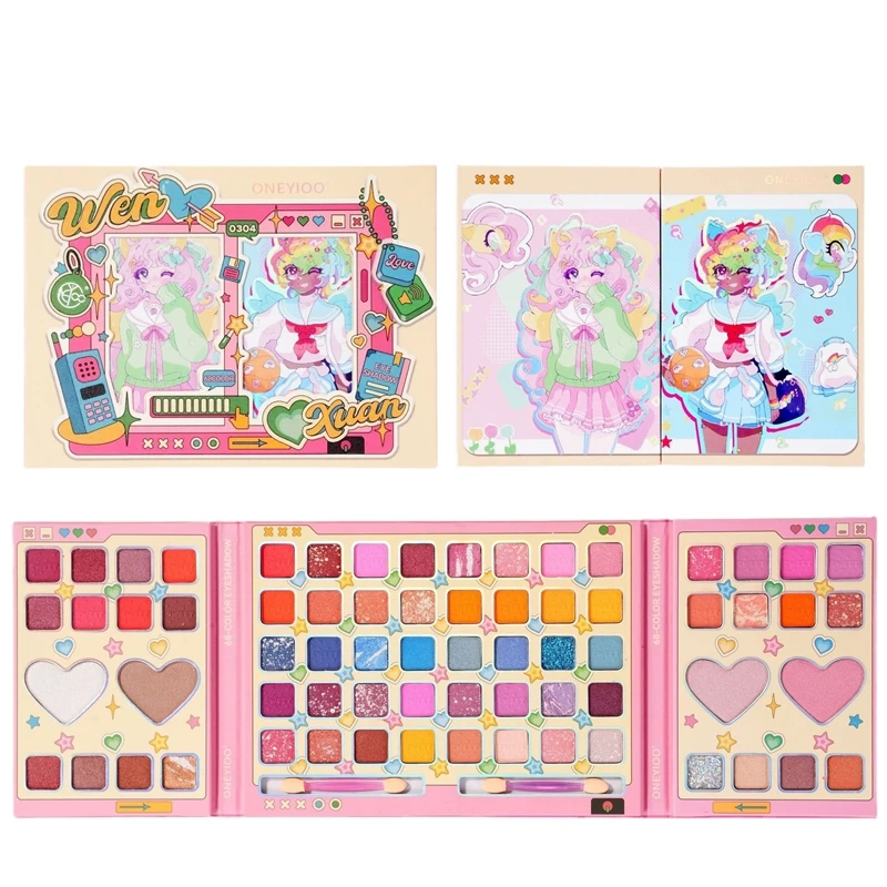 68 Colors Cartoon Design Multicolored Matte Eyeshadow Palette with Puff Sticks Glitter Sequins Eye Shadow Professional Make Up