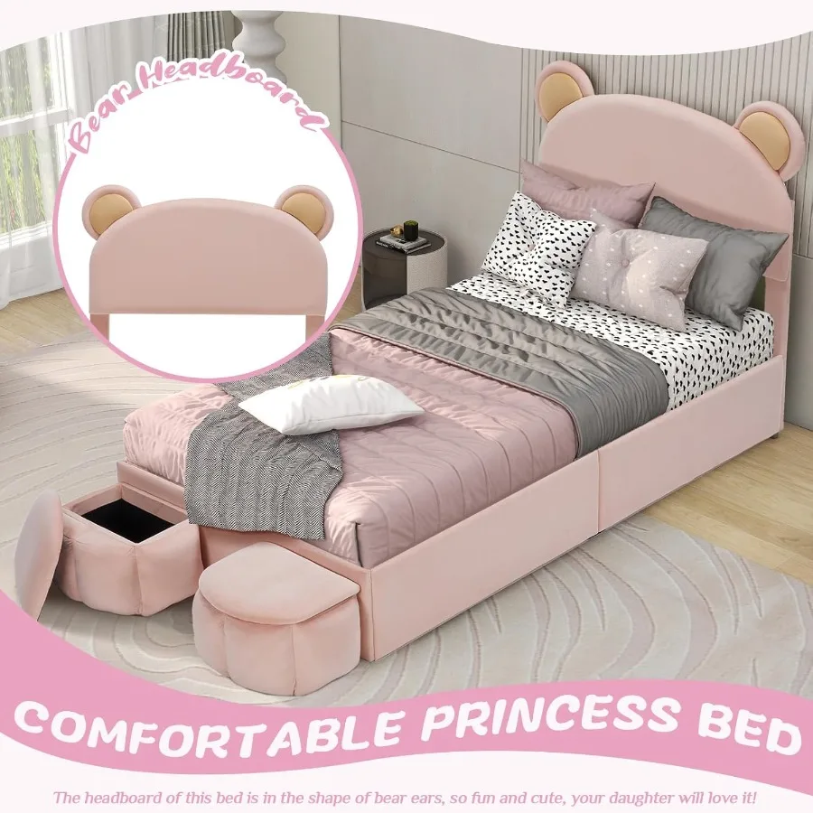 โครงเตียงแบบมีฐานรองหุ้มกำมะหยี่ขนาดทวินไซส์ พร้อมหัวเตียงรูปหูกระต่าย รวมเก้าอี้เก็บของ 2 ตัว และไฟ LED ในตัว