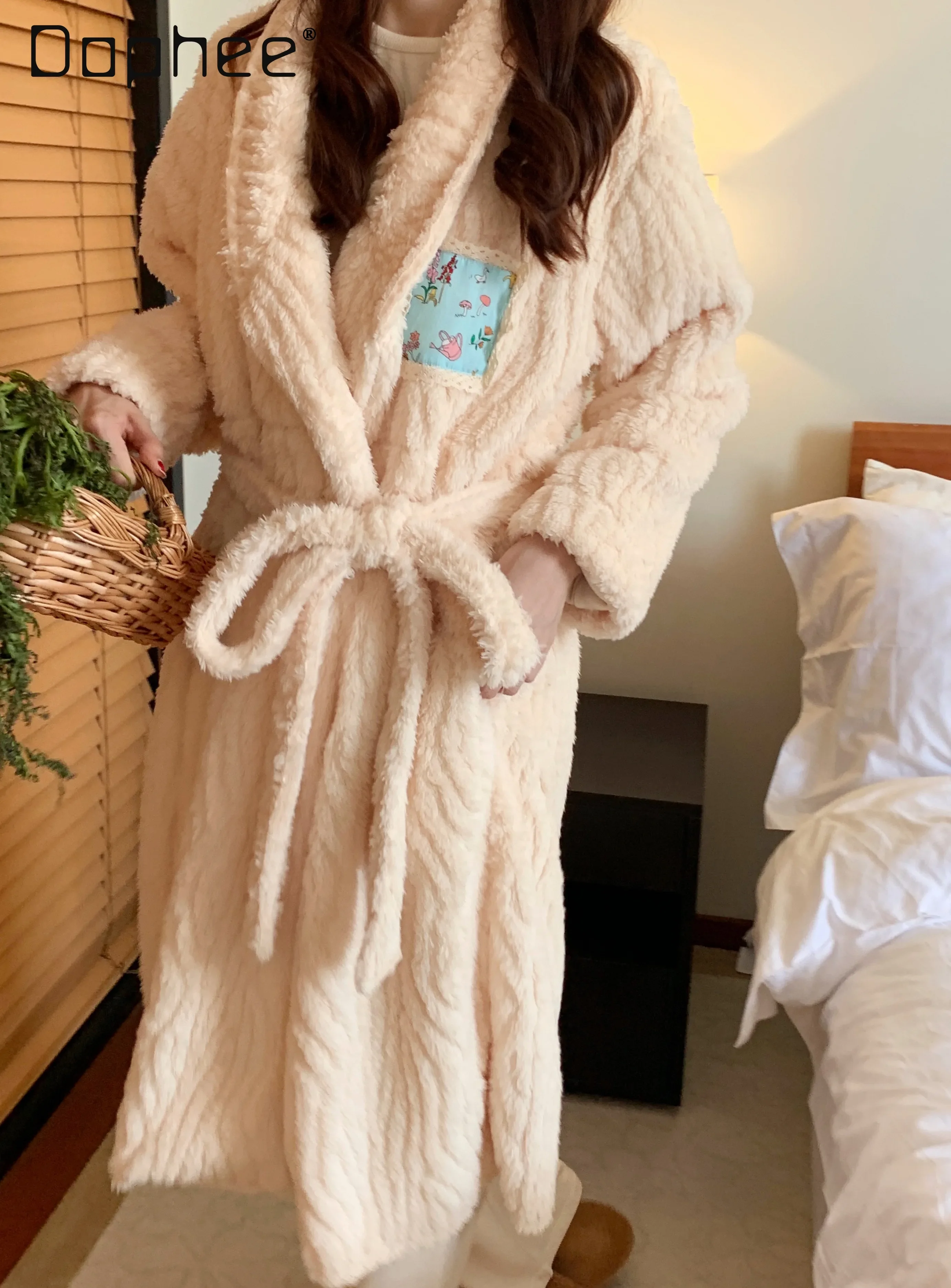 

Coral Fleece Warm Robes Long Sleeve Thick Warm Lace Up Turn Down Collar Nightgown Solid Color Korean Fashion Bathrobe