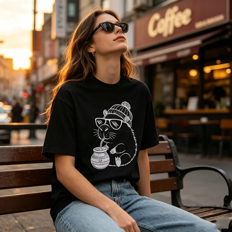 Funny Chill Capybara With Sunglasses Knit Hat Yerba Mate Meme Print T shirt For Teens Men Women Cotton Hip Hop Streetwear