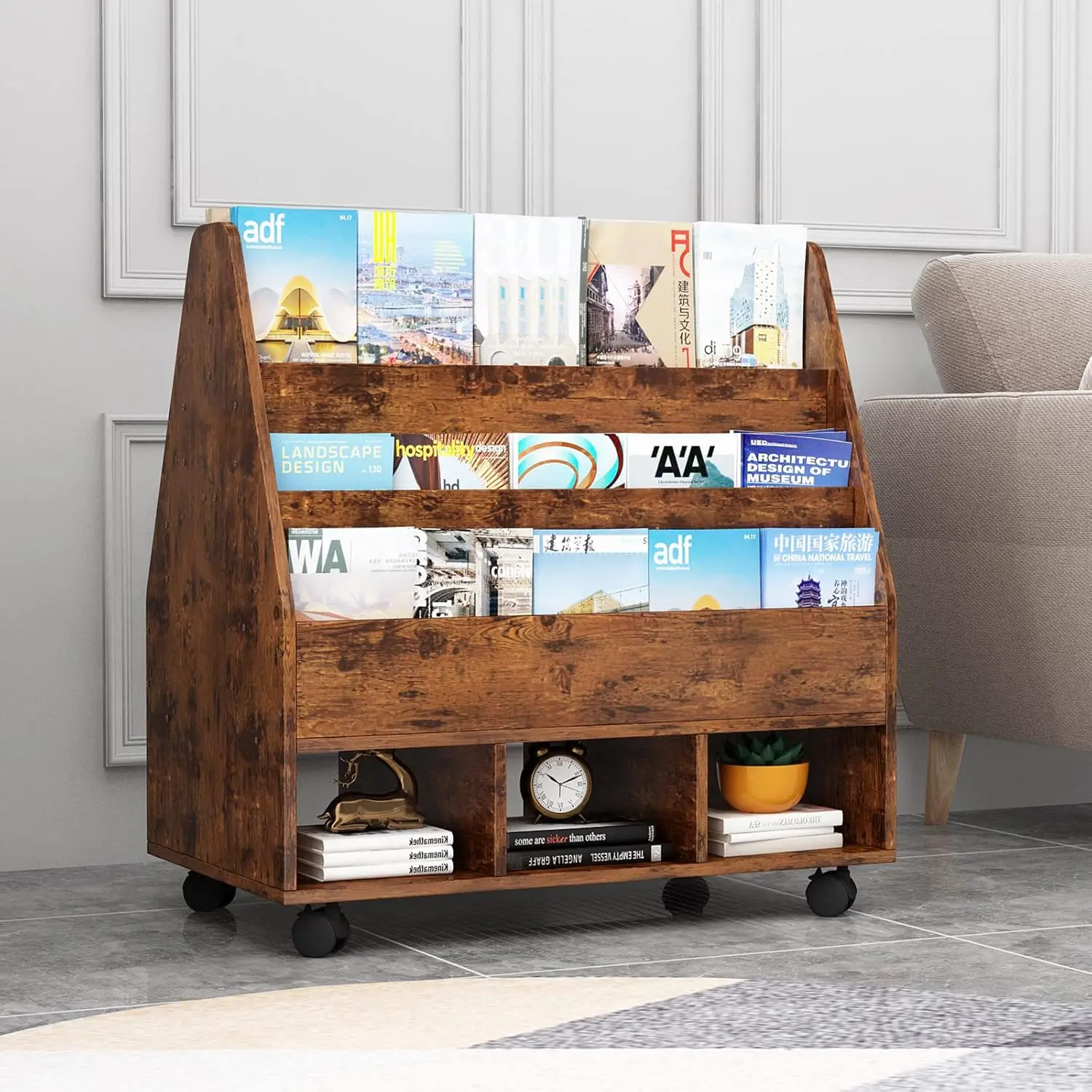

Bookshelf with Wheels, Wooden Toy Storage Cabinet Organizer Holder with 3 Cubes, 2-in-1 Bookcase Display Rack Book Rack