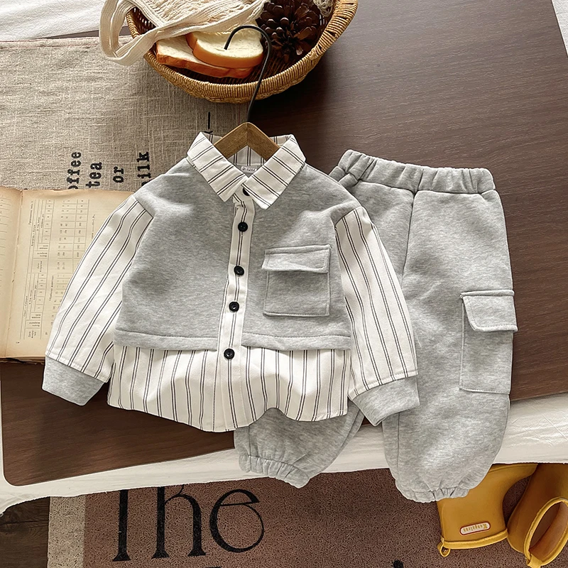 Infant Boy Long Sleeve Stripe Spliced Blouse Elastic Waist Cargo Jogger Pants 2 Piece Daily Wear Outfit