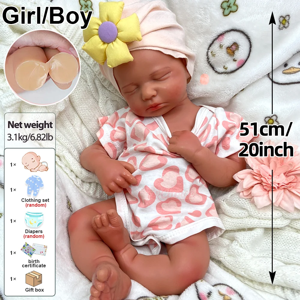 20" Lifelike Silicone Reborn Baby Doll Loulou Handmade Painted Soft Toddler Doll Girl/Boy For Collectors And Kids Christmas Gift