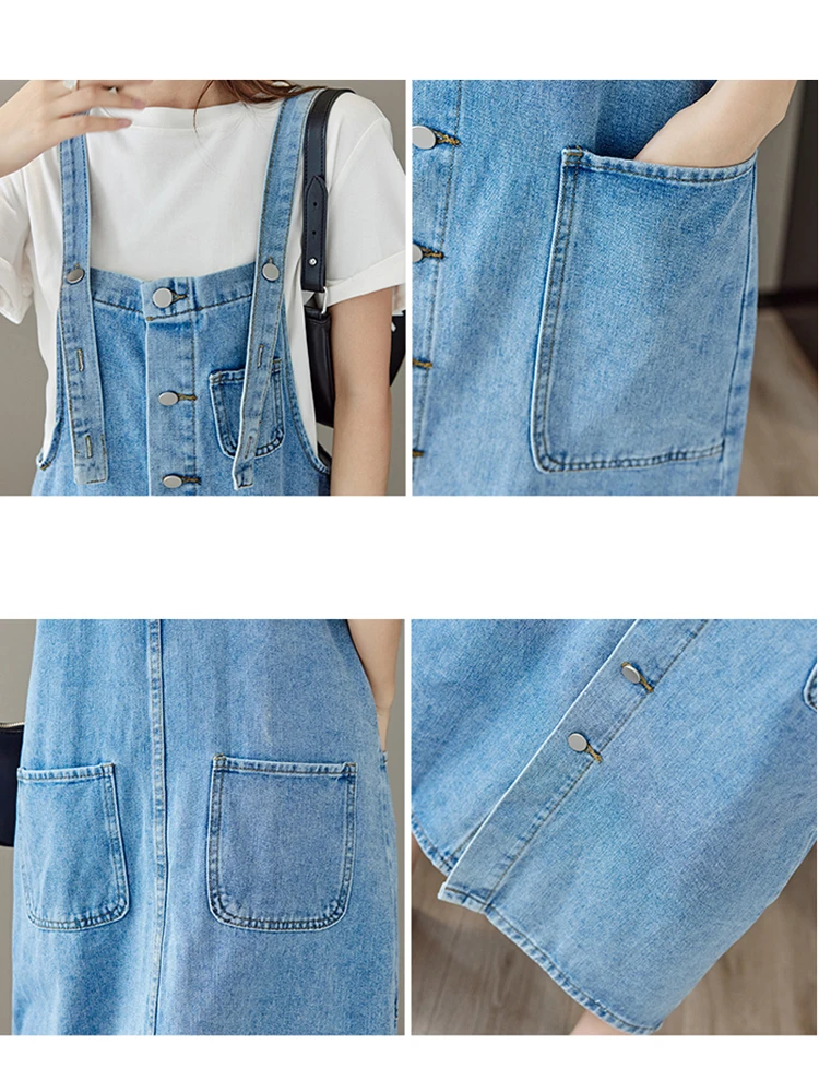 2023 New S-5XL Denim Tank Top Dress Women\'s Fashion Loose Comfort Summer French Retro Large Pocket Strap Dress