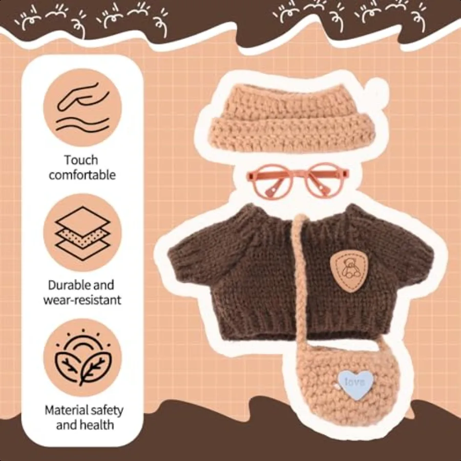 Ubranka dla lalek Labubu, ręcznie robiony dziergany mini sweterek, okulary, kompatybilne z lalkami o wysokości 15-17 cm, lalka nie jest dołączona.