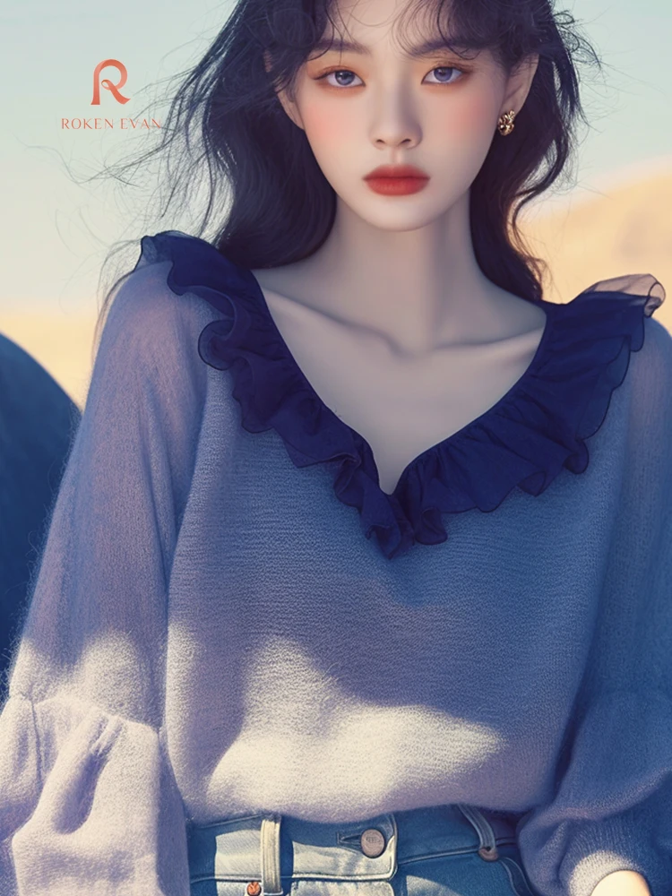 CORNER EVAN 2024 Autumn new sweater niche design sense of high-grade lazy wind purple ruffled V-neck knitted top