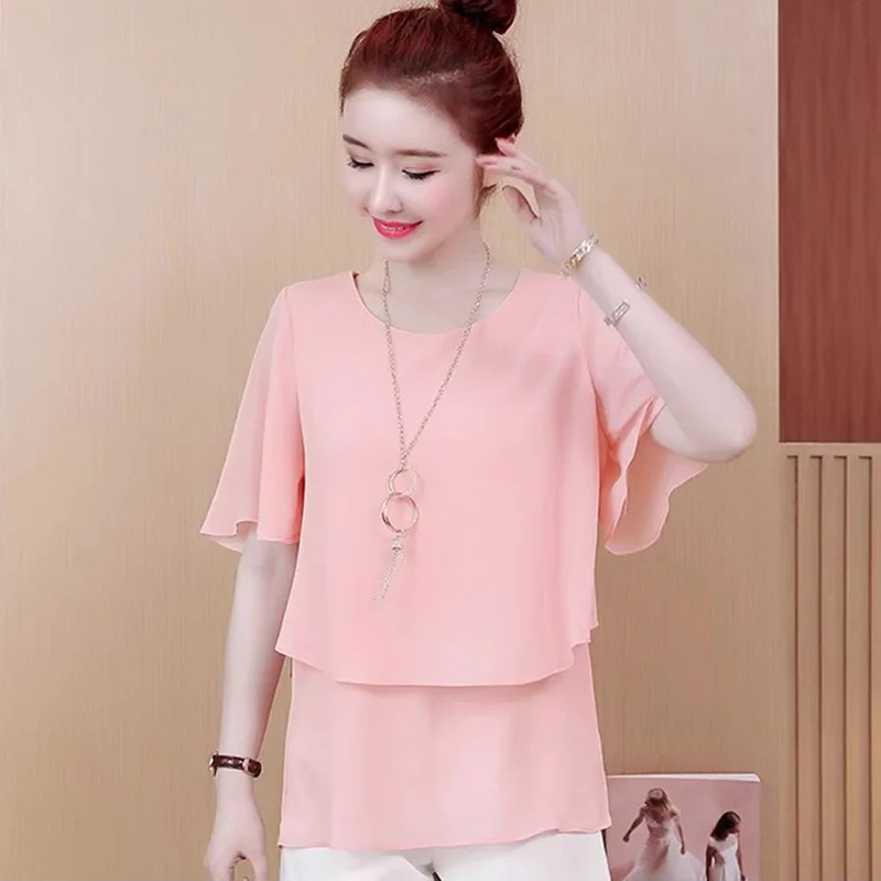 Koreanische Art Frauen Chiffon Bluse Hemden Kurzarm lose Dame Basic Shirts Tops