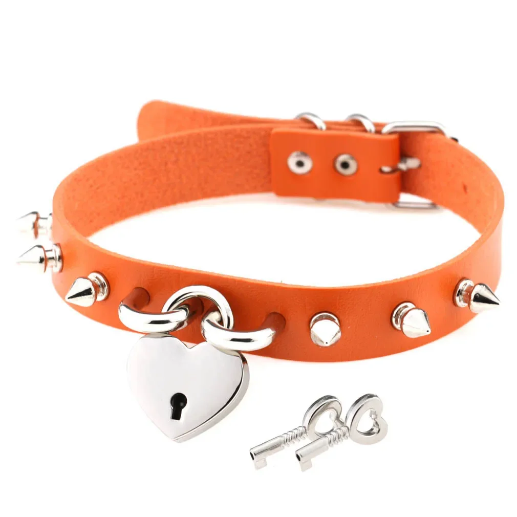 Harajuku Personality Rock and roll Creativity Heart-shaped lock Multicolored Leather Stainless steel Necklace Clavicle chain