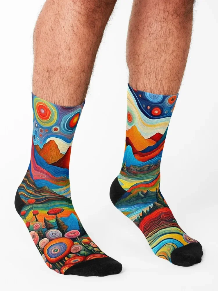 Paisagem de montanha psicodélica 5 meias antiderrapantes meias de movimento de futebol novas meias femininas masculinas