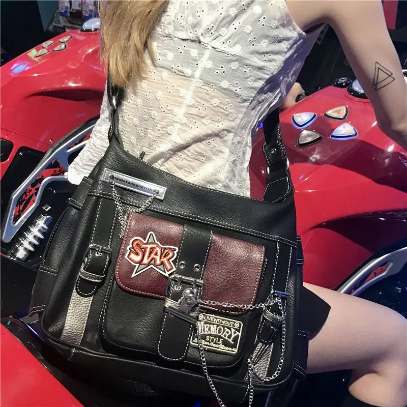 Women Y2k Star Crossbody Bag Pu Leather Fashion Girls Chain Messenger Bags For Students Patchwork School Bag Motor Style 2024