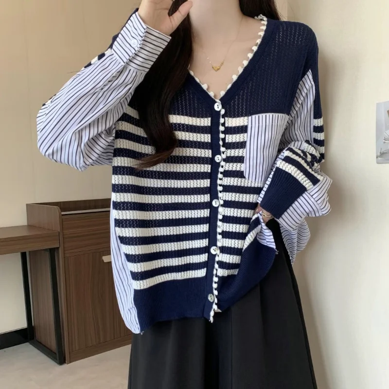 フェイクツーピース Vネック 長袖セーター シックジャケット コントラストカーディガン ボタン カジュアルファッショントップ