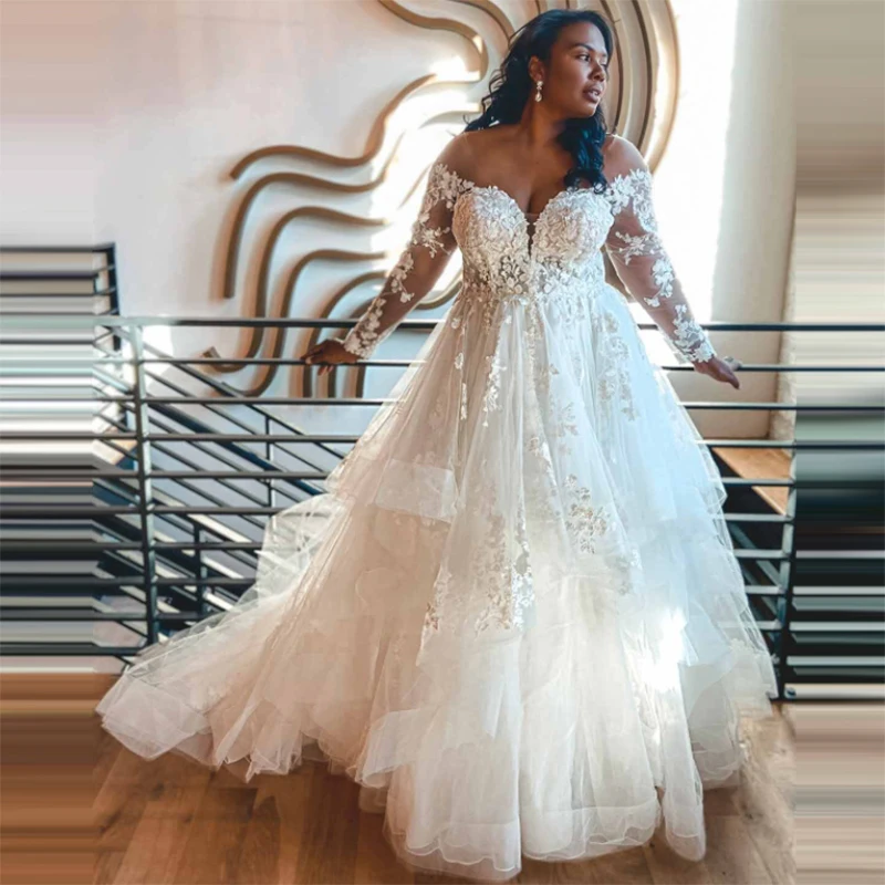 Off-Shoulder Lace Plus Size Wedding Dresses With Tiered Skirt V-Neck Long Sleeves Appliques Bridal Gowns African Robe De Mariée