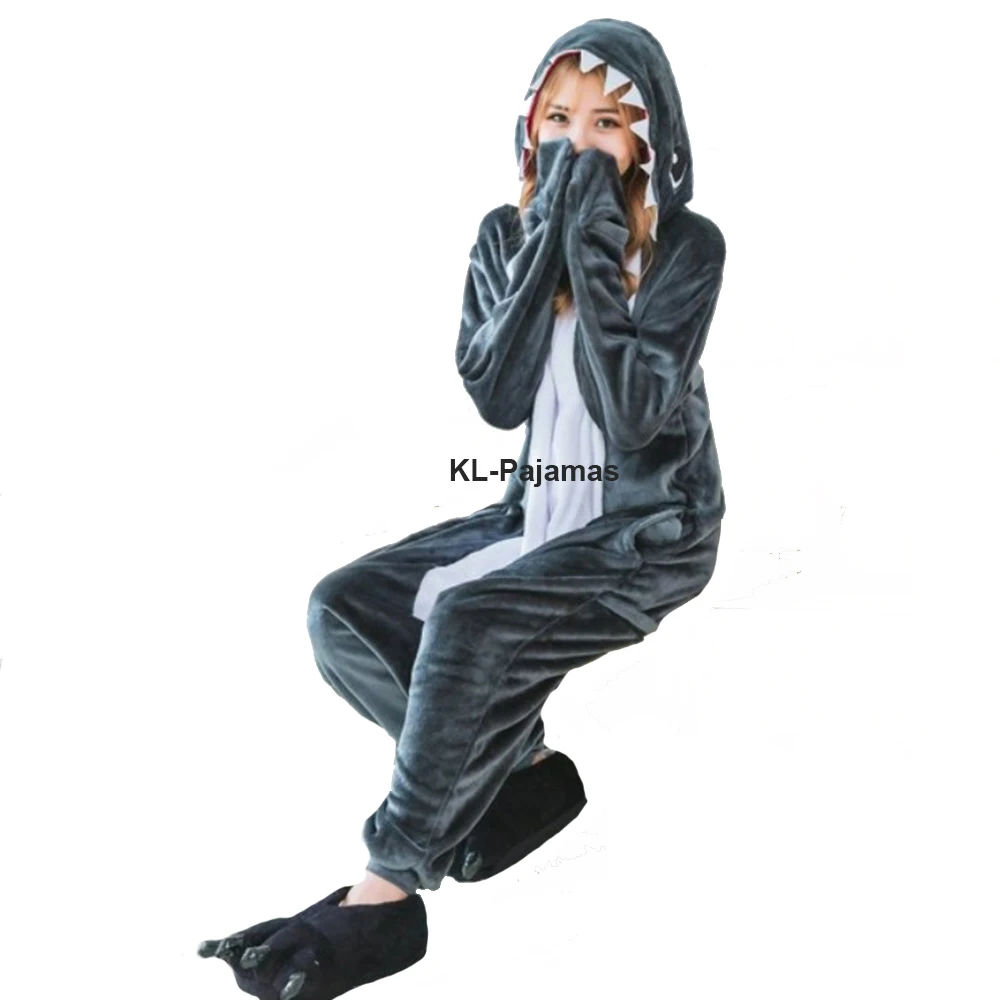 Animal Unisex Adult Women Grey Shark Kigurumi Onesie Pajamas Men Cartoon Soft Flannel Halloween Family Party Costumes Jumpsuits