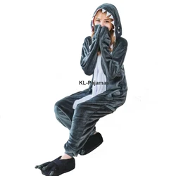 Pijama de tubarão cinza unissexo para adultos, Kigurumi Onesie, flanela macia, desenhos animados, fantasias de Halloween, festa familiar, macacões, homens e mulheres