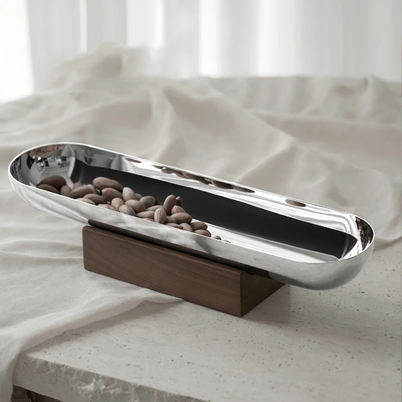 Nordic Stainless Steel Snack Nut Plate With Wooden Base, High-End Entrance Key For Home Use Folola Storage Tray Jewelry Plate