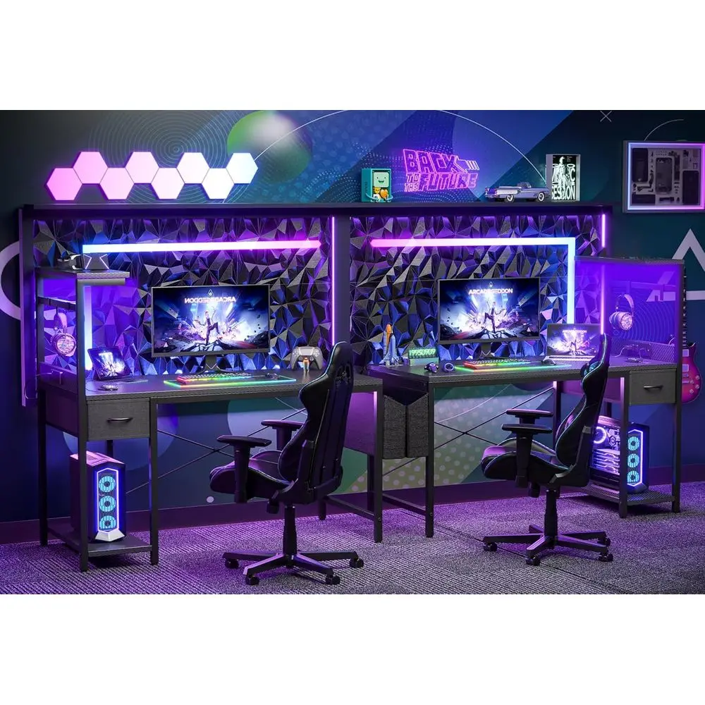 47 Carbon Fiber Gaming Desk with LED Light, Power Outlet, and Storage for Home Office