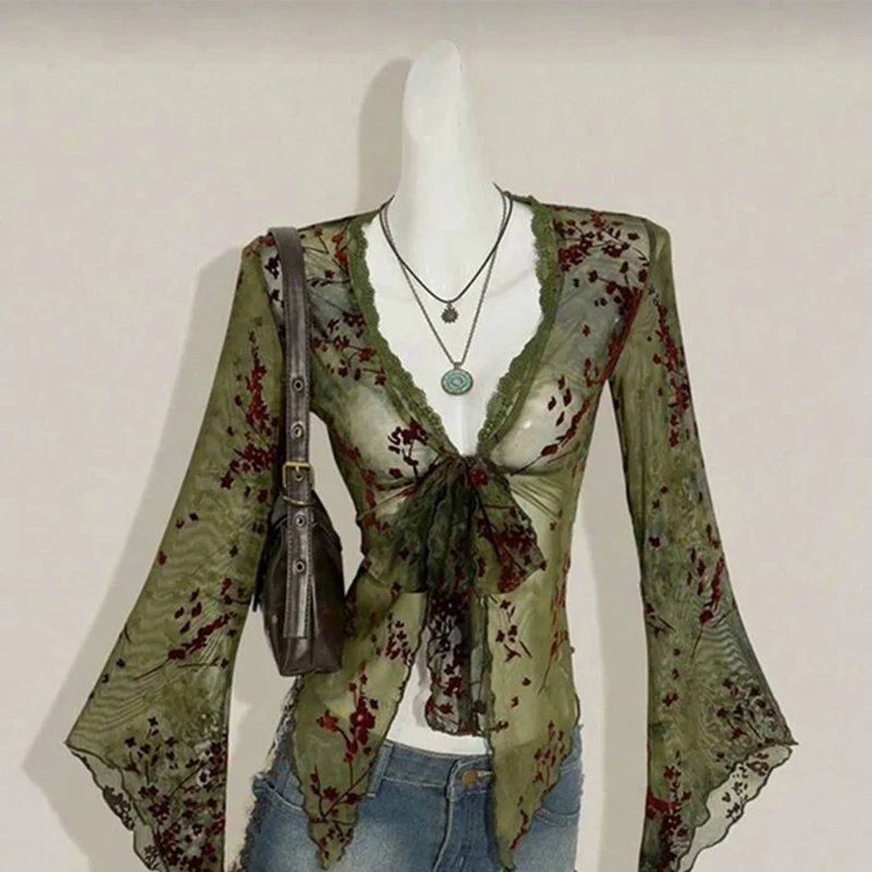 MEXZT Vintage Floral Mesh Shirts Women Y2K Harajuku Sexy V Neck Sheer Bandage Blouses Summer Vacation Flare Long Sleeve Tops New