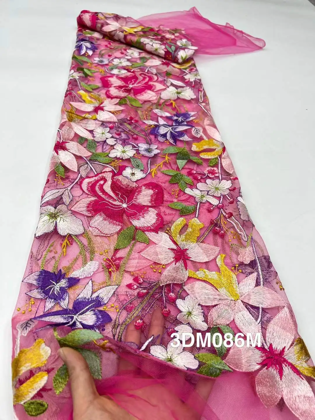 3D زهرة الدانتيل النسيج التطريز صافي زهرة كبيرة الأفريقي النيجيري الترتر تول صافي لفستان الزفاف مساء