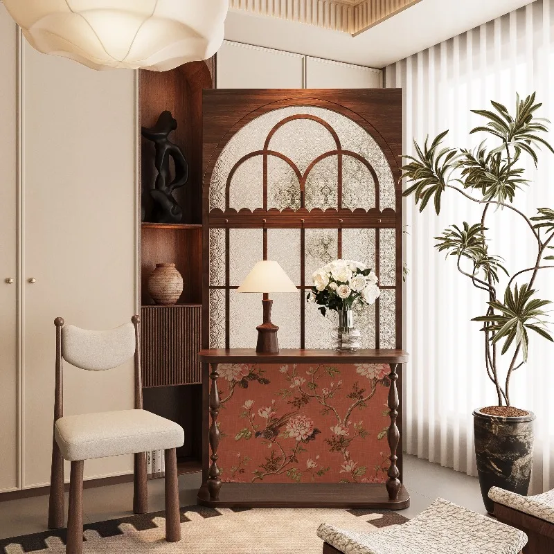 French retro screen partition glass guest dining room can be moved into the home, facing the door, solid wood shelves block the
