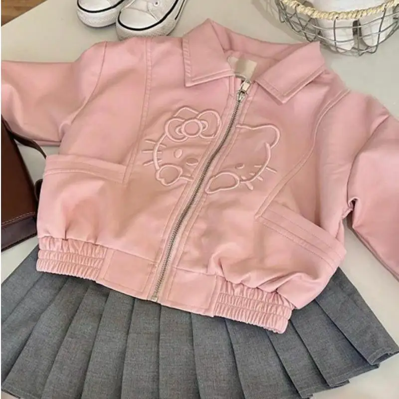 Children's Clothing Autumn Sweet Style Cute Kt Cat Embroidery Jacket Jacket Coat Girls Anime Cartoon Long Sleeve Coat Zip Tops