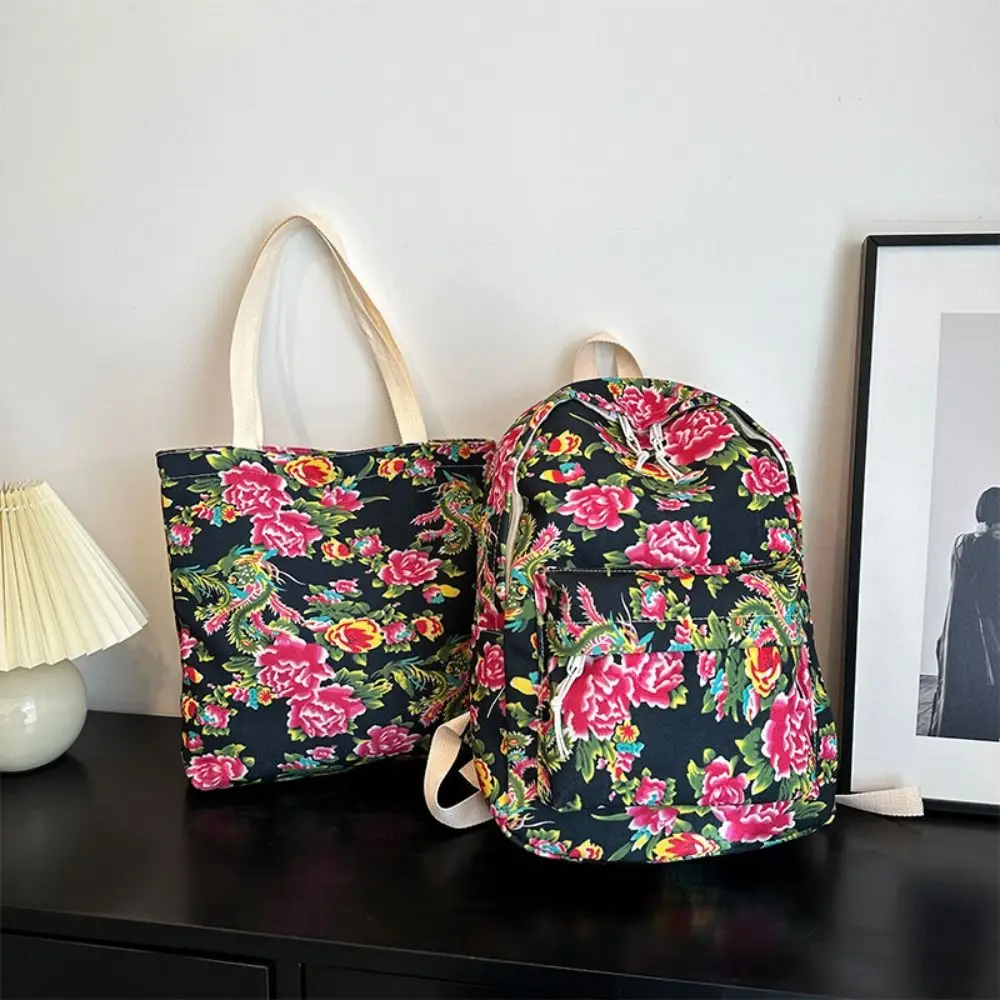 

Fashion Canvas Northeast Big Flower Bags Dragon Phoenix Big Capacity Canvas Tote Bag Multicolor Women's Handbags Travel