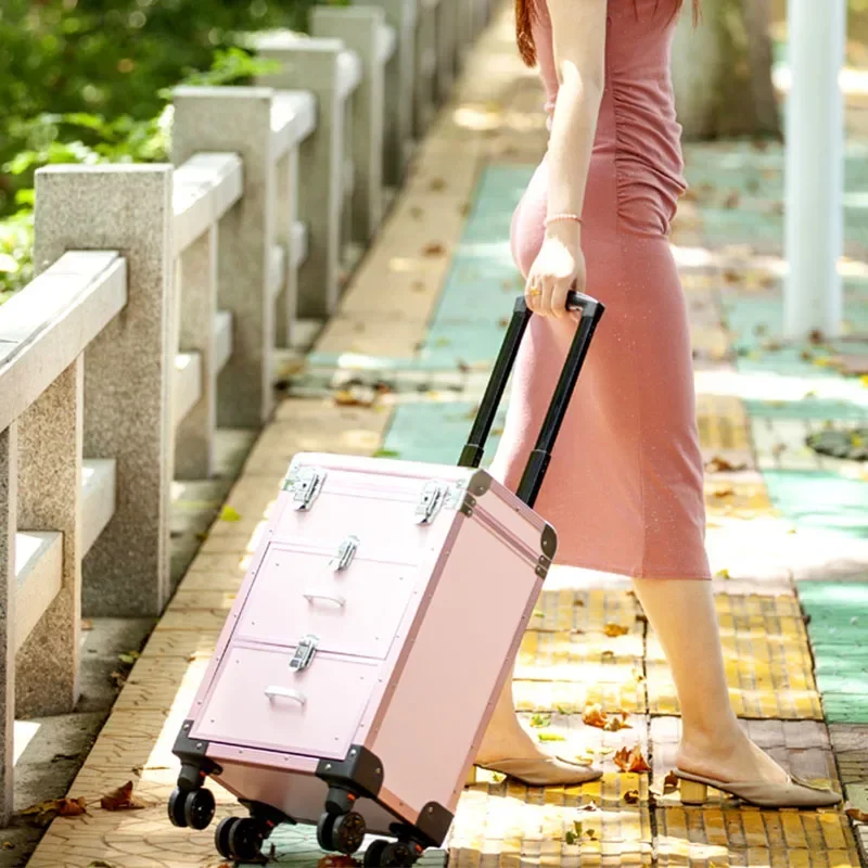 Совершенно новая профессиональная коробка для макияжа из алюминиевого сплава, тележка с визажистом, портативный замок большой емкости, вышивка, красивые волосы