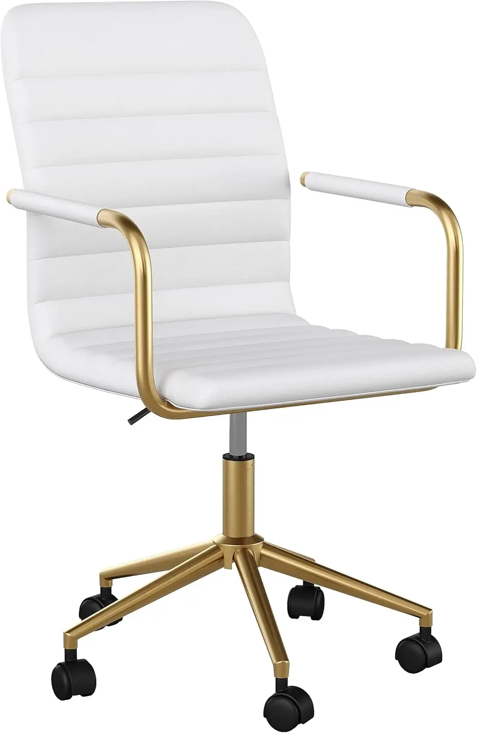 White Faux Leather Swivel Task Chair with Polished Brass Frame for Home Office, Armrests Included