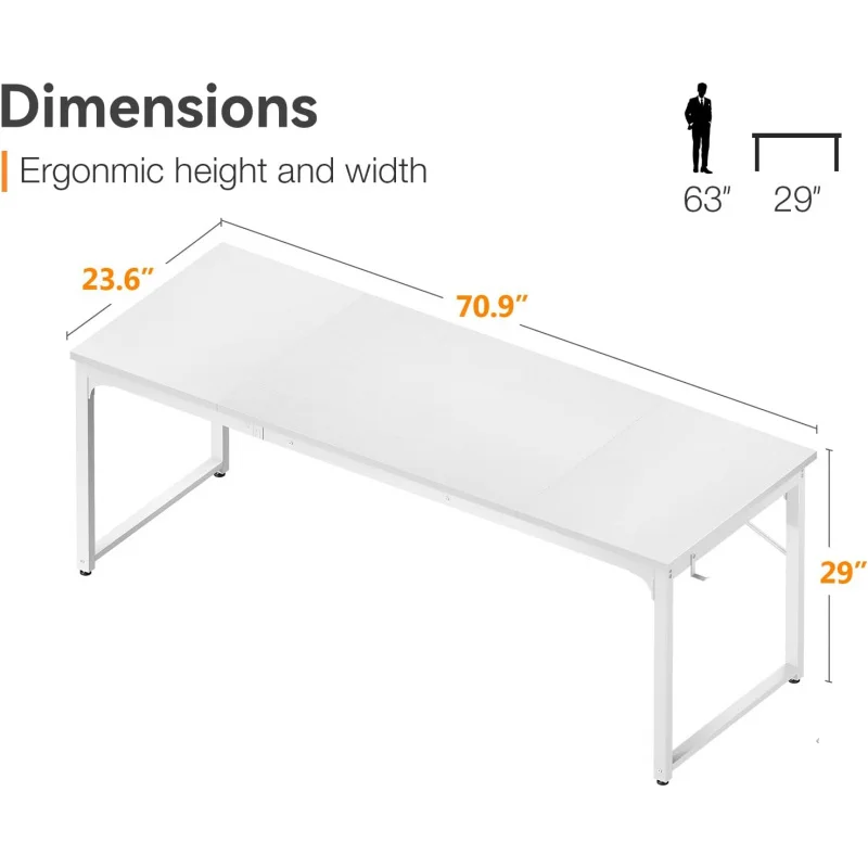71 Inch White Computer Desk, Modern Style Desk Home Office, Study Student Writing Desk