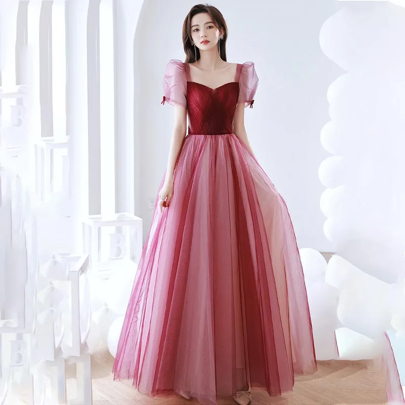 

Evening Dress Burgundy Fashion Simple Empire Short Sleeves Floor-Length V-Neck Pleat A-Line Tulle Woman Formal Party Gown A2429