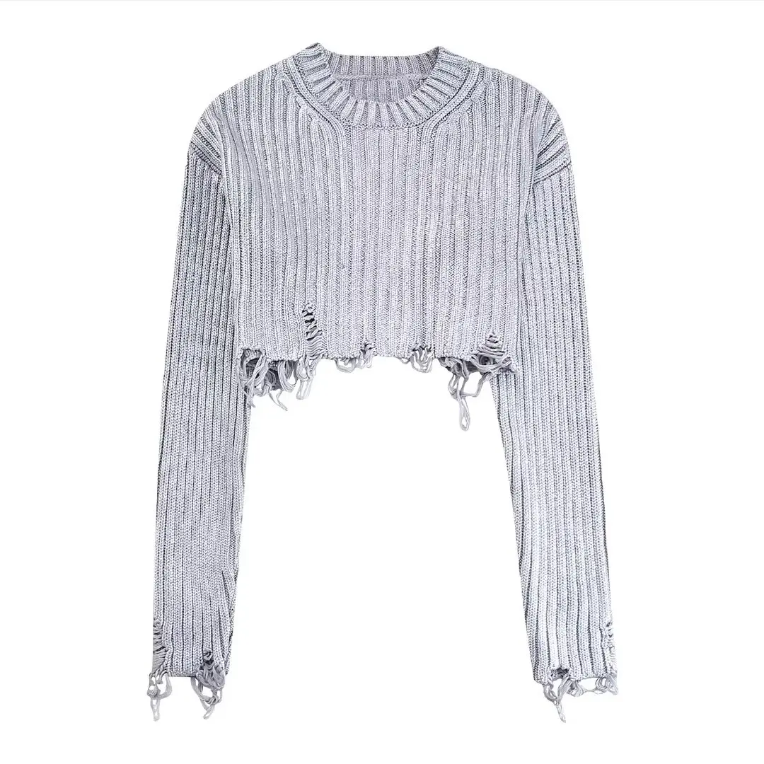 Tangada 2024 Women Silver Crop Sweaters Long Sleeve Female Ripped Jumper BE018