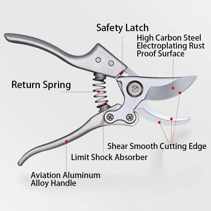 8 Inch Carbon Steel Blade Aluminum Alloy Handle Silver Bird-bill Pruning Shear Household Fruit Tree Shears Branch Garden Scissor