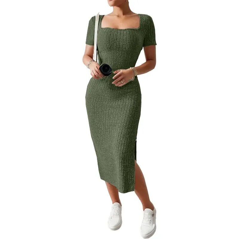 Verão vestido pescoço quadrado, hip-abraçando saia de comprimento médio, manga curta, vestido de malha versátil com fenda