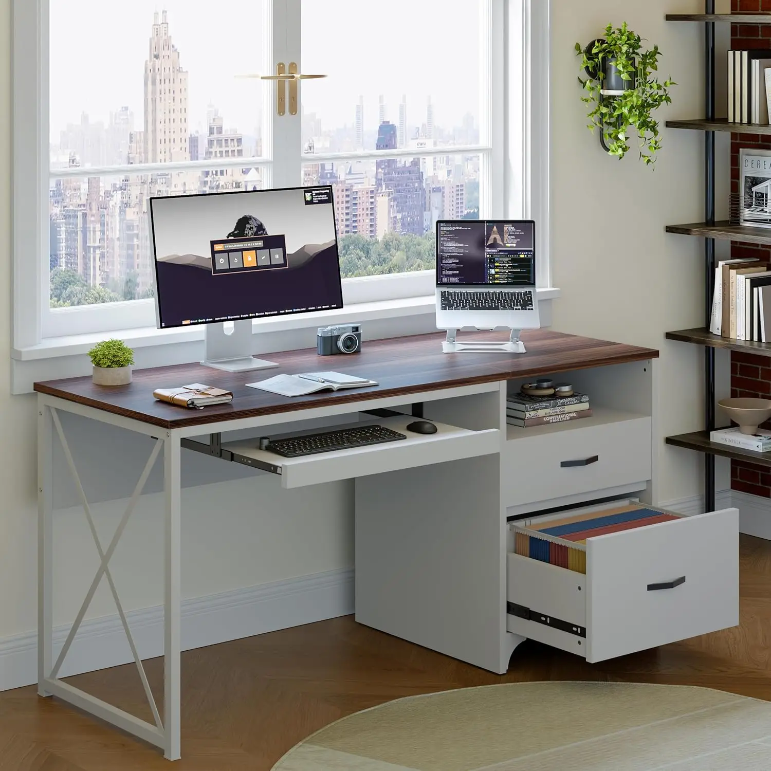 Office Desk with Drawers, 55 inch Industrial Computer Desk with Storage, Wood Teacher Desk with Keyboard Tray & File Drawer