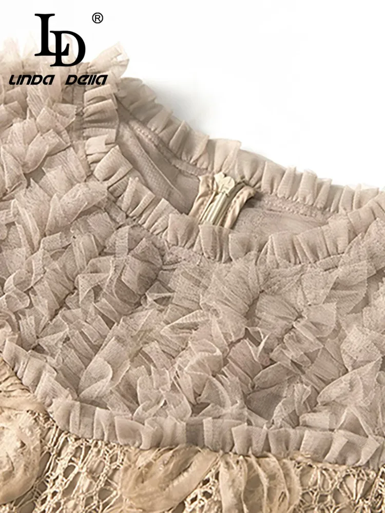 LD LINDA DELLA 2025 الخريف/الشتاء موضة شبكة سوداء الفطريات حافة مكدسة المرقعة كم طويل الرقبة المستديرة S-4XL فستان