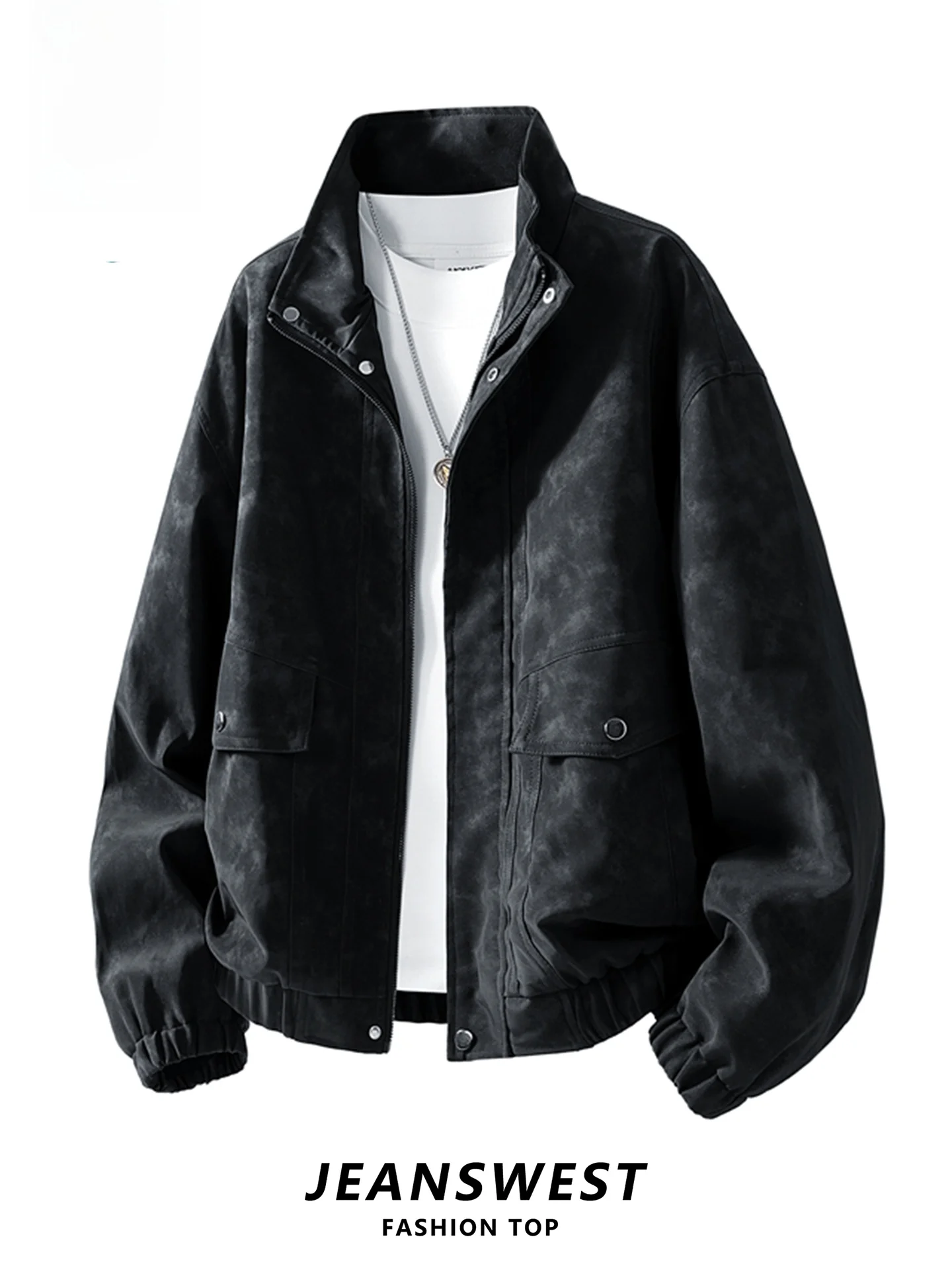 

Jeanswest American Retro Stand Collar Leather Jaet Men's Faion Tie Dye Leather Coat Outerwear Spring Autumn New Sle