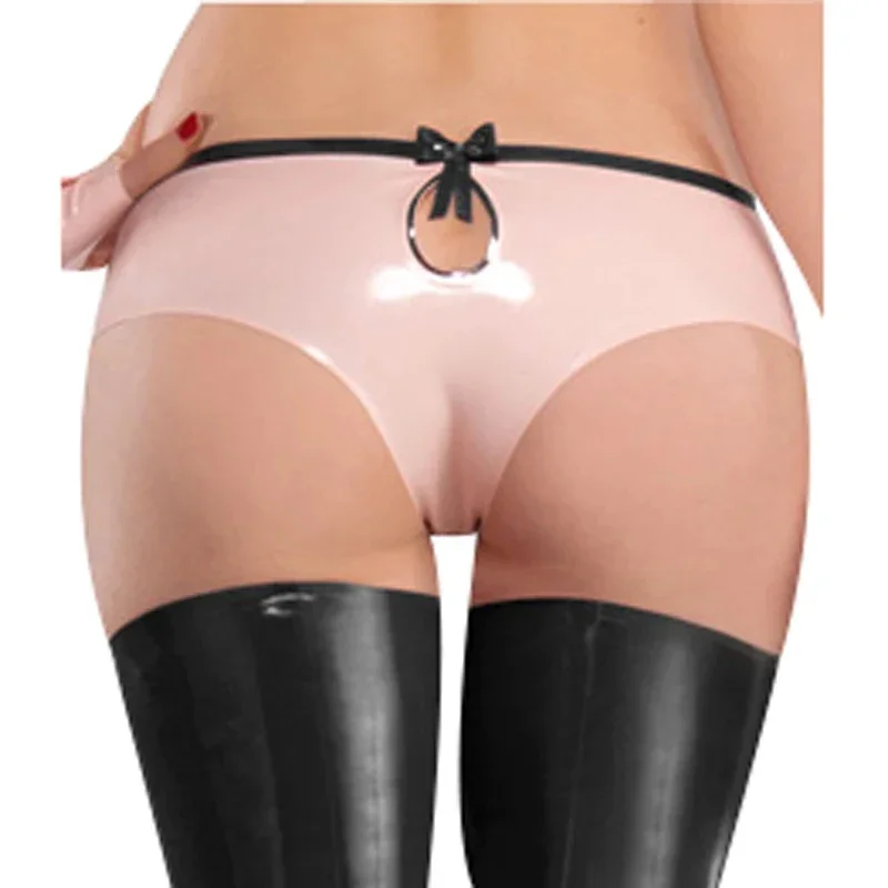 Latex Rubber Gummi Sexy Bikini Short Pants Baby Pink with Black Sweet Underwear Customized .04mm