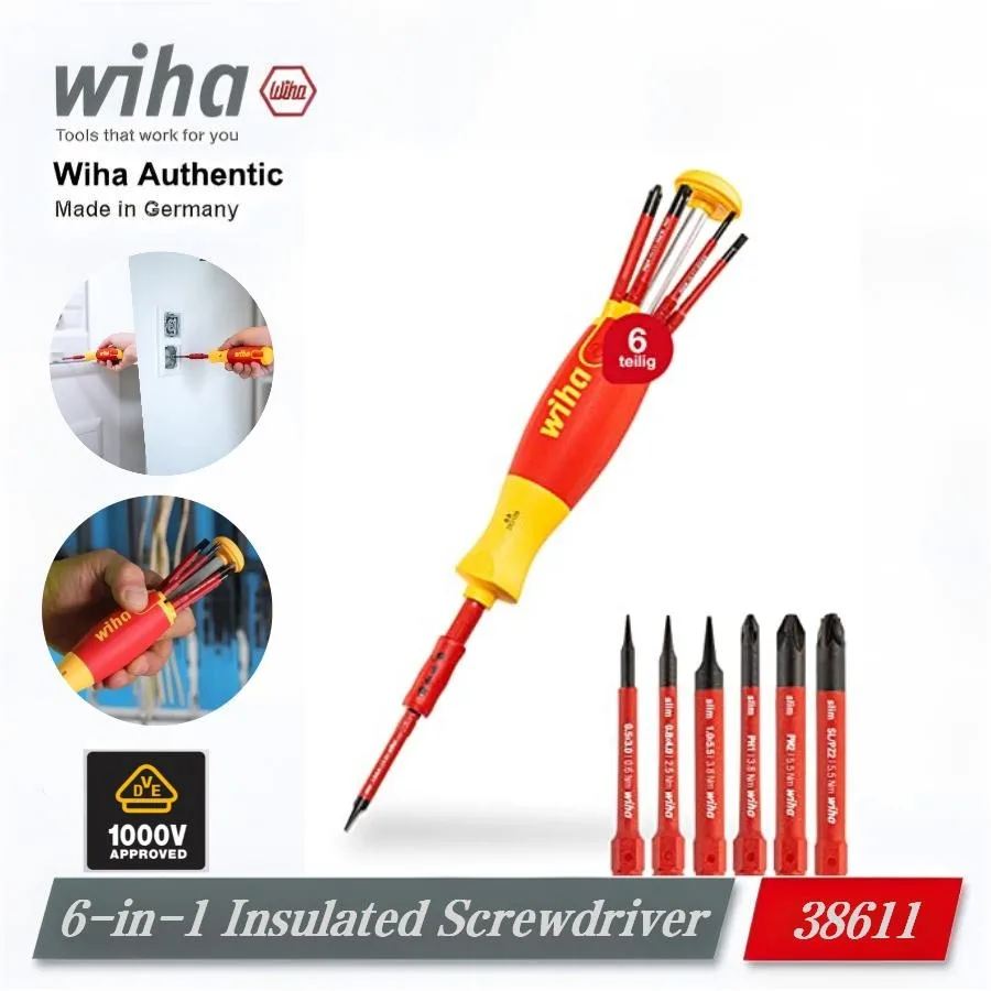 WIHA 38611 1000V Insulated 6-In-1 Screwdriver | LiftUp Bit Magazine 6 Slim Bits Electrician Repair Tool