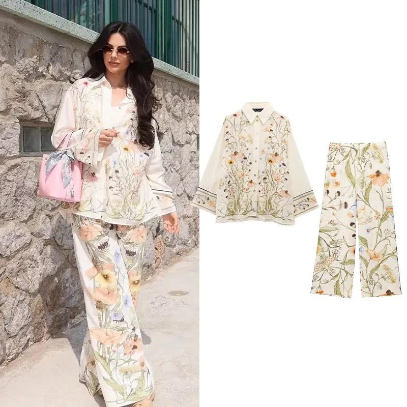 Women's Print Pants Sets 2 Piece Spring Casual Loose Long Sleeve Shirts & Elatic Waist Wide Leg Pants Women Outfit