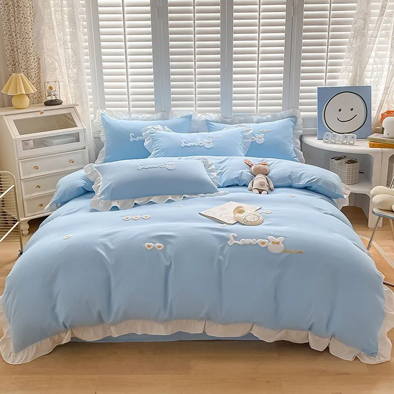 Cute Cartoon Embroidery 100% Cotton Bedding Sets Girly Style Non Fading Comfortable Comforter Set King Queen Bedclothes for Home