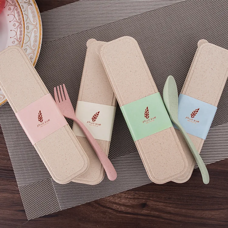 Portable Outdoor Wheat Straw Spoon Fork Chopsticks Set Children Student Dinnerware Set Storage Box Three Piece Meal Kit