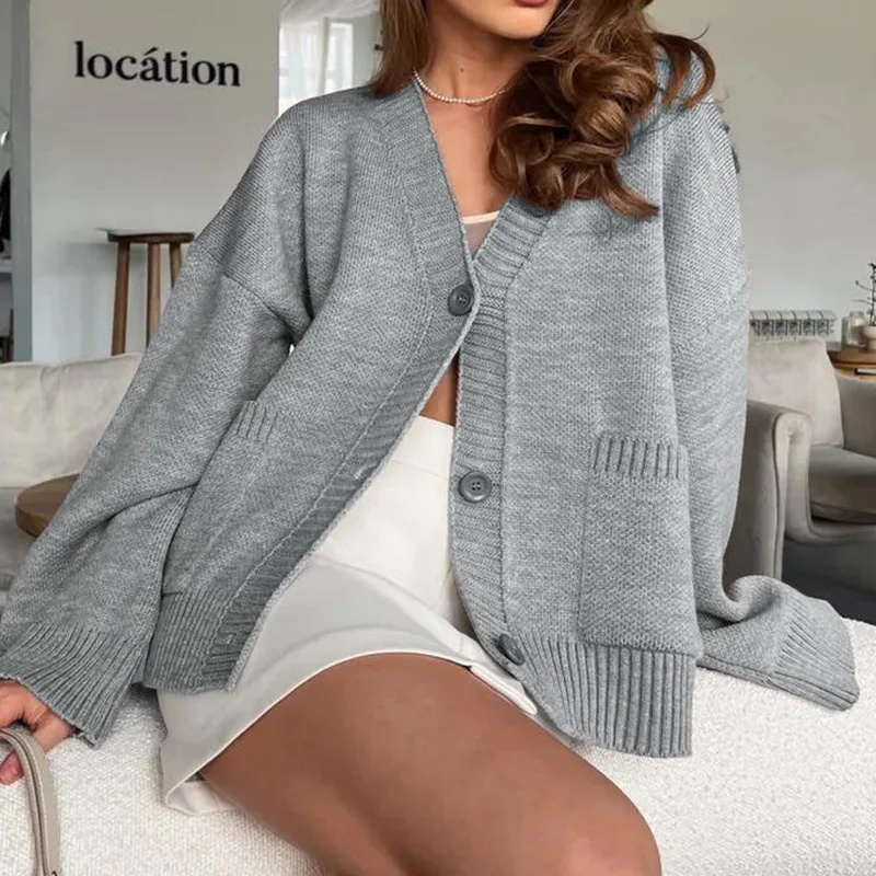 Cross-border European and American Style Sweater Solid Color V-neck Pocket Single Row Button Knit Cardigan Sweater Women