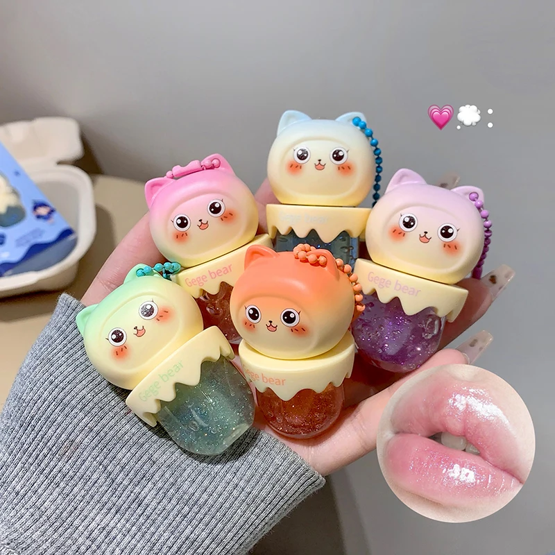 Gege urso bonito fruta óleo labial hidratante shimmer espelho brilho labial plumping hidratante cuidados com os lábios maquiagem batom de cristal transparente bálsamo