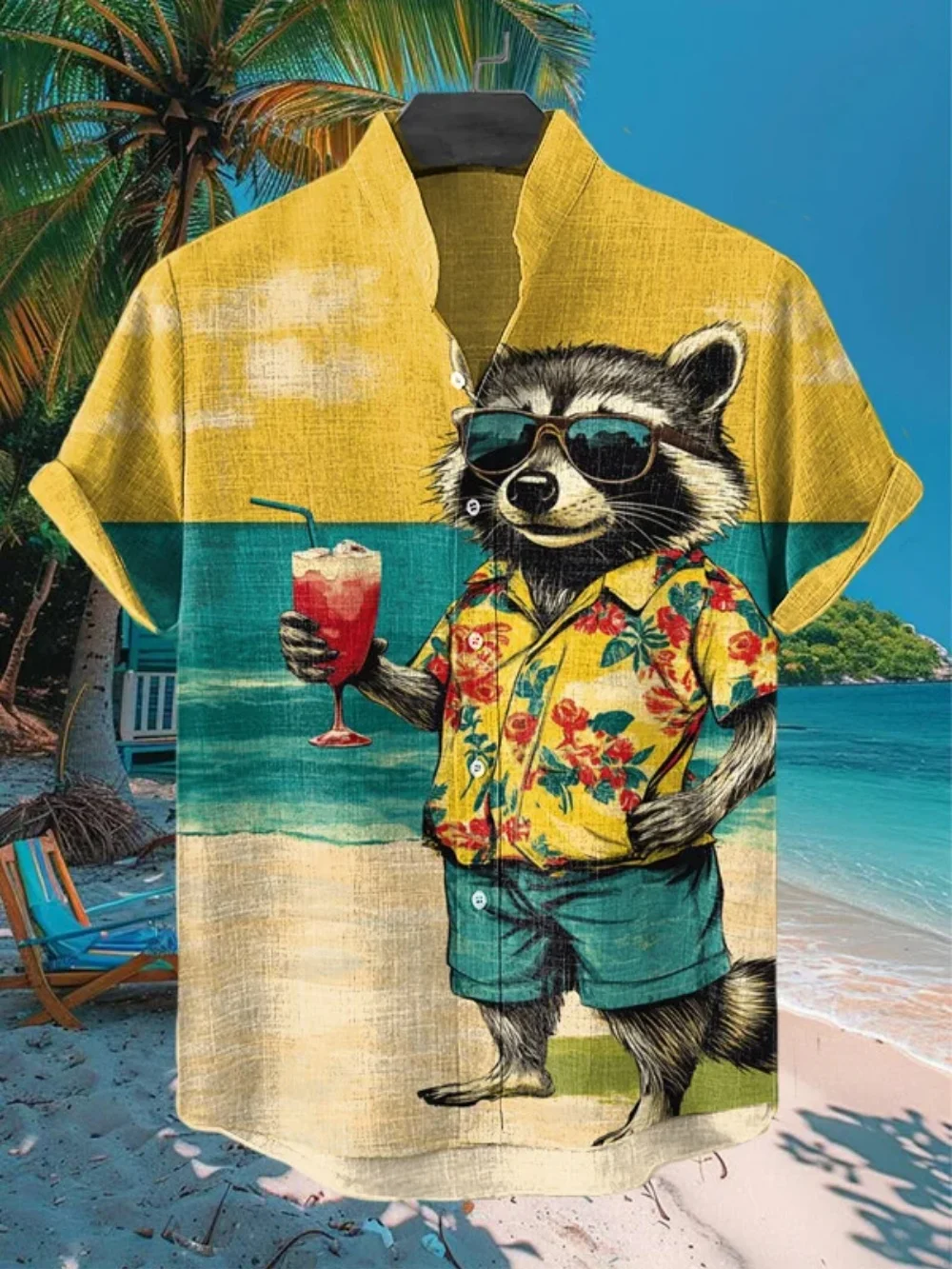 

Men's plus Size Linen Shirt Hawaiian Vacation Casual Printed Breathable Fashionable Stand up Collar Design Top