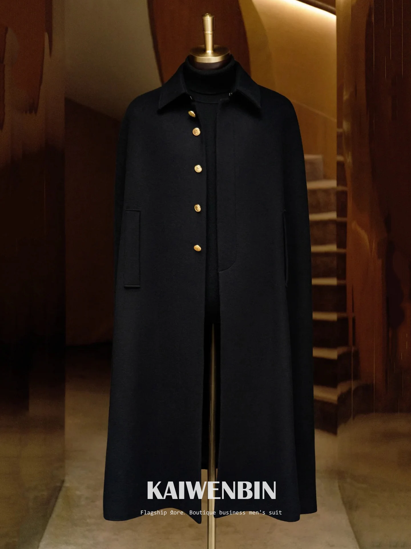 Men Black Wool Cape Coat Single Breasted Hidden Metal Buttons Warm Winter High Quality Custom Cloak Overcoat Male Outerwear
