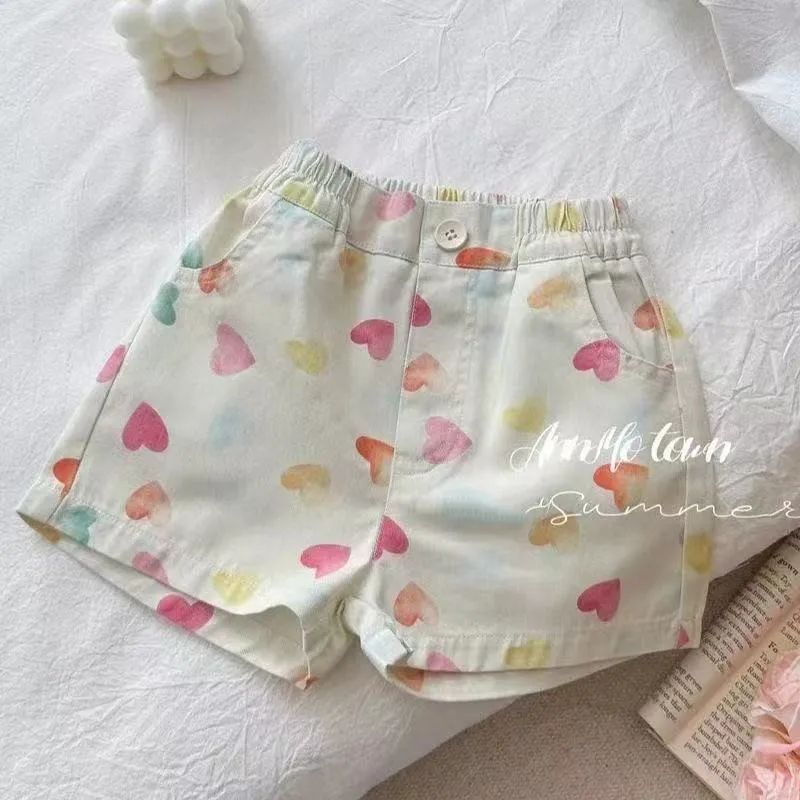 Summer Girls Thin Short Pants Fashion Children Casual Korean Version Beige Heart Print Stylish Hot Pants 80-170CM